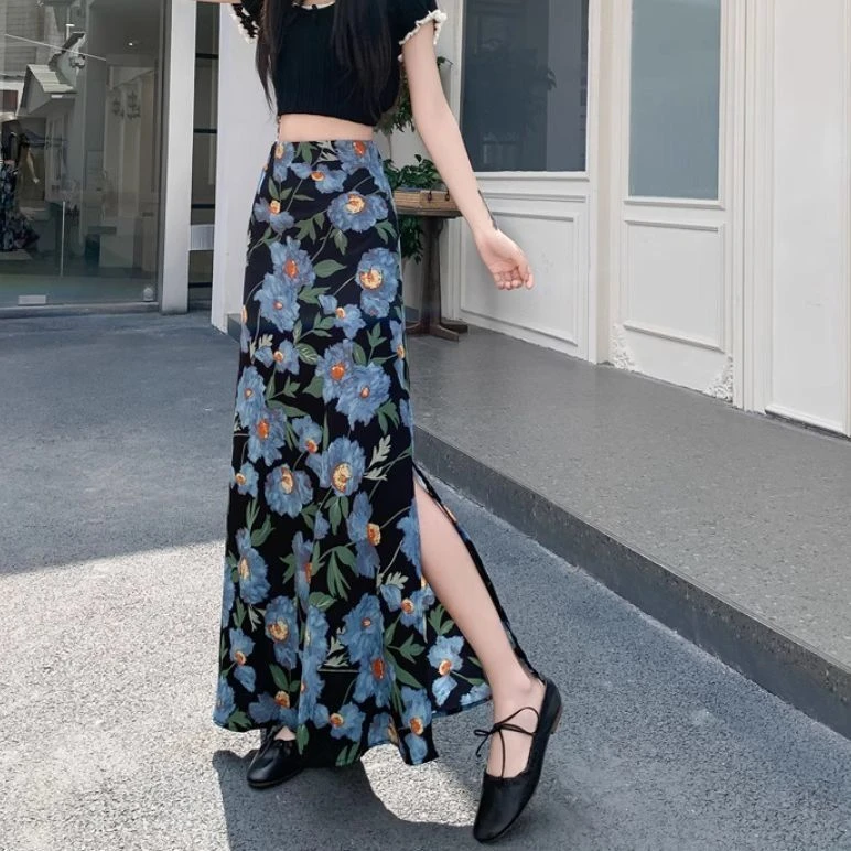 春夏侧开叉碎花雪纺半身裙女2025新款法式风情万种包臀鱼尾长