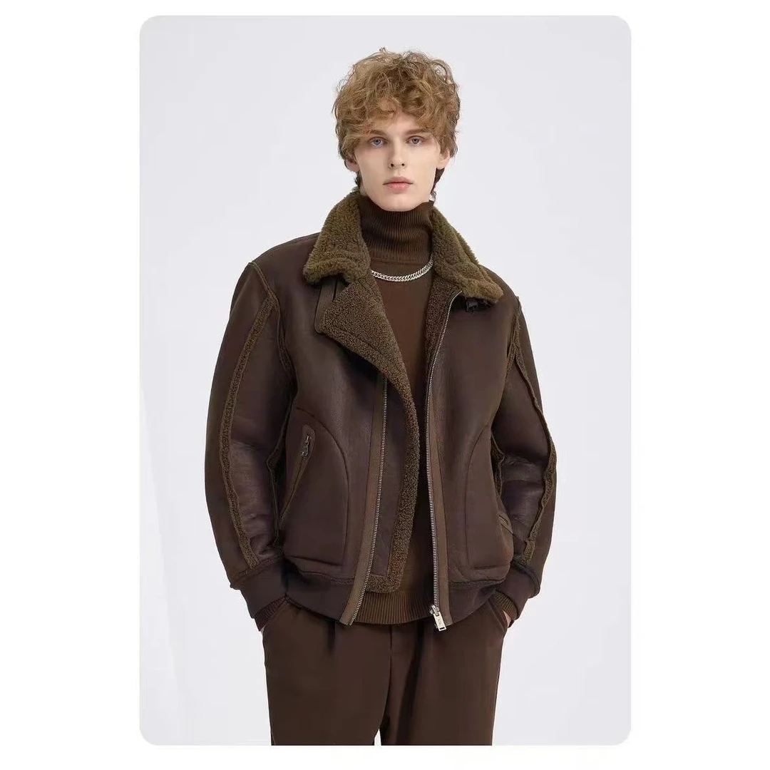 皮毛一体双面穿外套男新款秋冬季加厚宽松翻领复古羊羔绒黑色皮衣