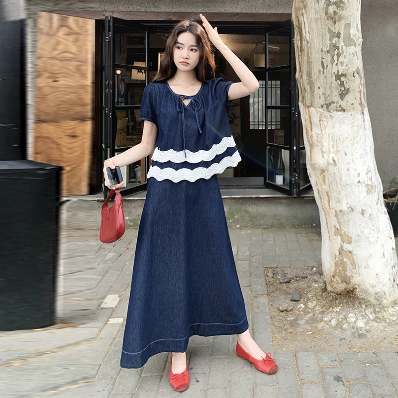 法式复古蕾丝拼接牛仔半身裙套装女夏2025新款爆款洋气时尚两件套