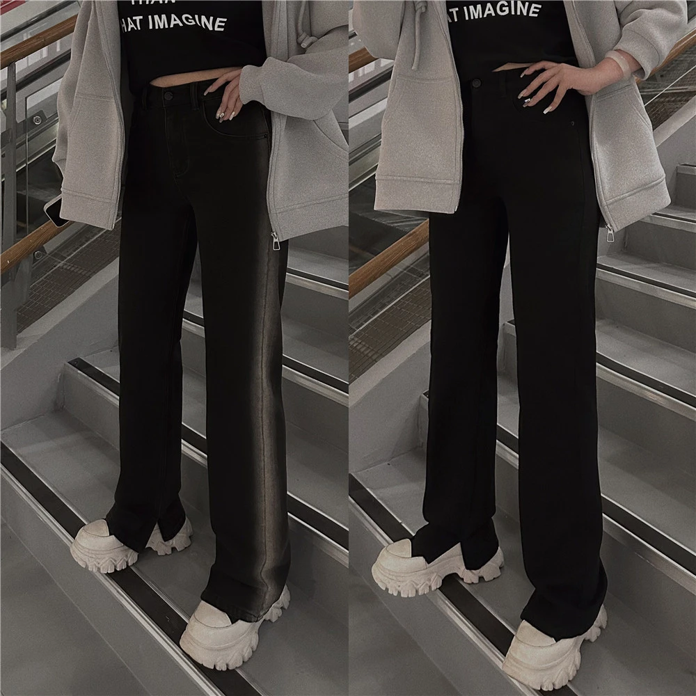 秋冬款胖mm显瘦侧条窄版阔腿裤薄绒牛仔裤加大码女装AK107-QJ