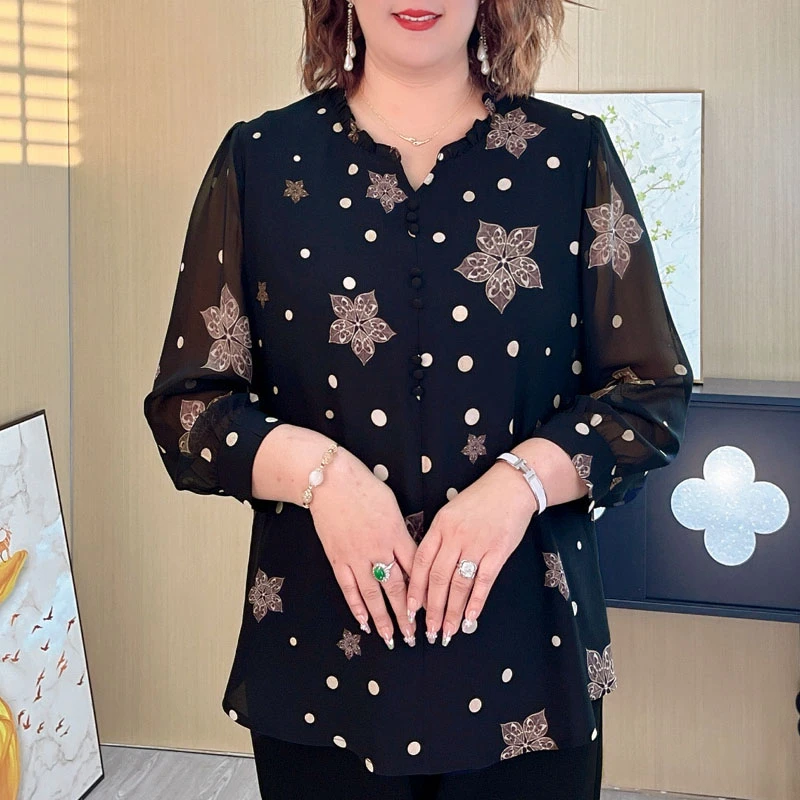 5531高级感印花气质上衣轻奢法式春秋新款200斤衬衫显瘦大码女潮