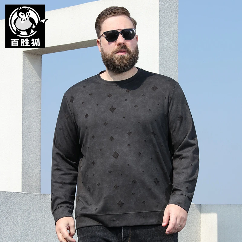 百胜狐大码男装卫衣2025春秋季胖人加肥宽松休闲印花圆领长袖上衣