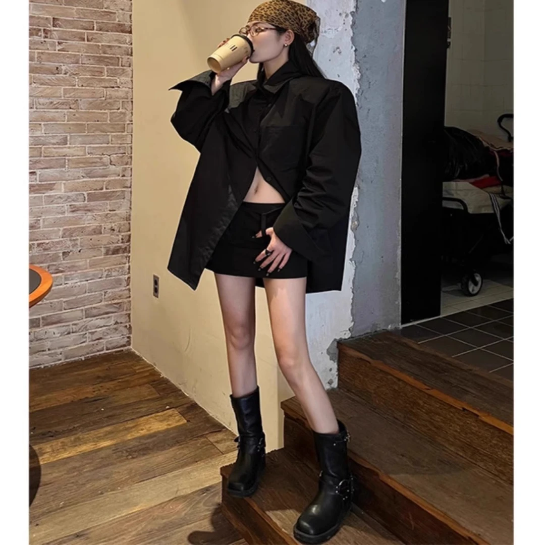 黑色衬衫套装女夏季新款独特设计感炸街别致薄款防晒衣短裙两件套