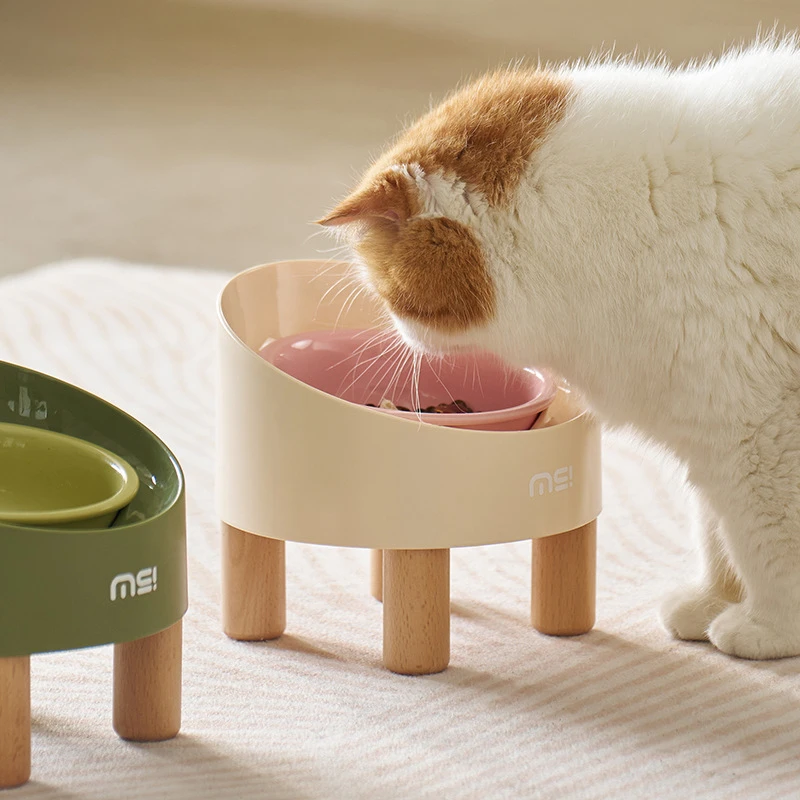 麻薯猫碗陶瓷猫食盆高脚斜口护颈猫咪饭碗粮碗防打翻宠物狗喝水碗
