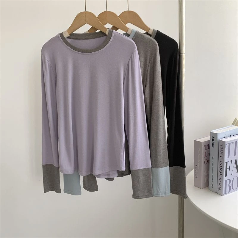 撞色拼接弹力圆领长袖T恤女2025春秋季打底衫宽松百搭圆领上衣ins