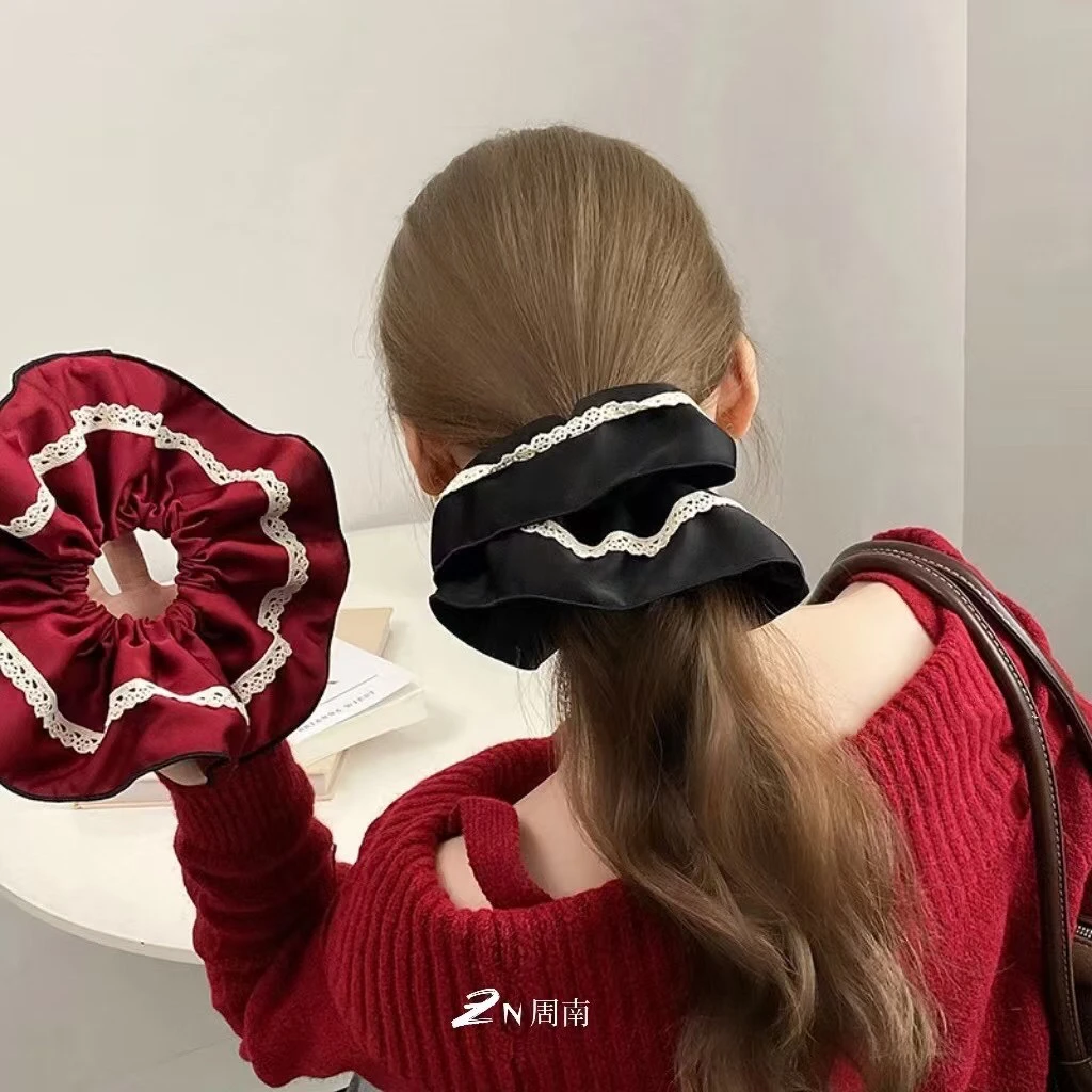 新款法式赫本风高级感大肠发圈蕾丝边优雅时尚气质