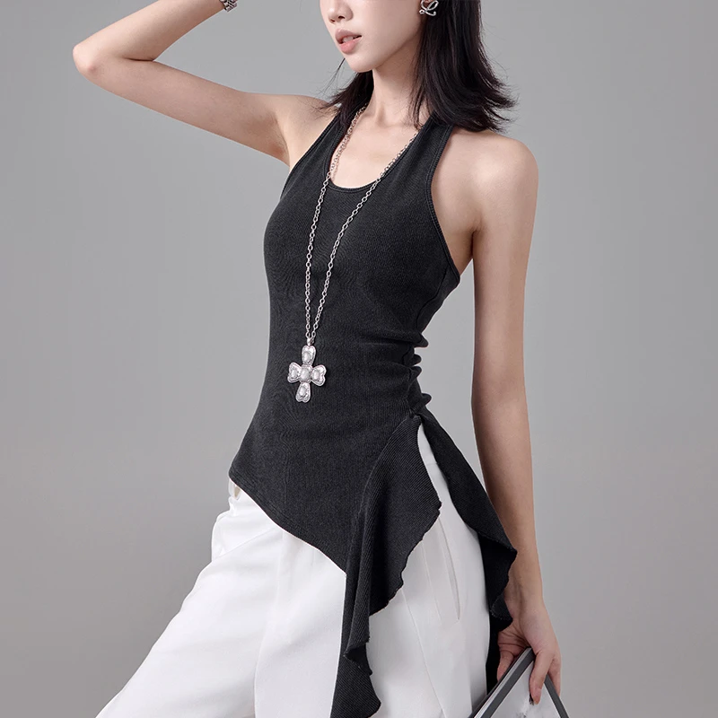 KEN STUDIO性感挂脖露背飘带针织吊带背心女夏季修身显瘦上衣女