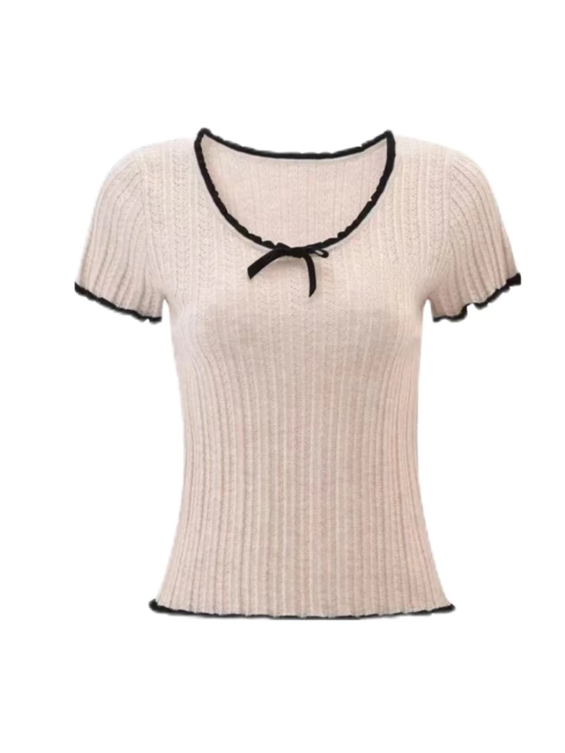 【s005】妙家新款网红轻奢小蝴蝶结圆领针织短袖T恤