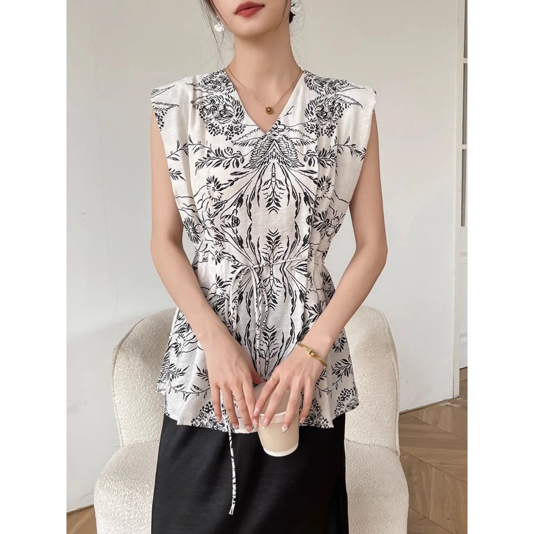 国风v领吊带背心女夏外穿2025新款提花无袖坎肩内搭中式系带上衣
