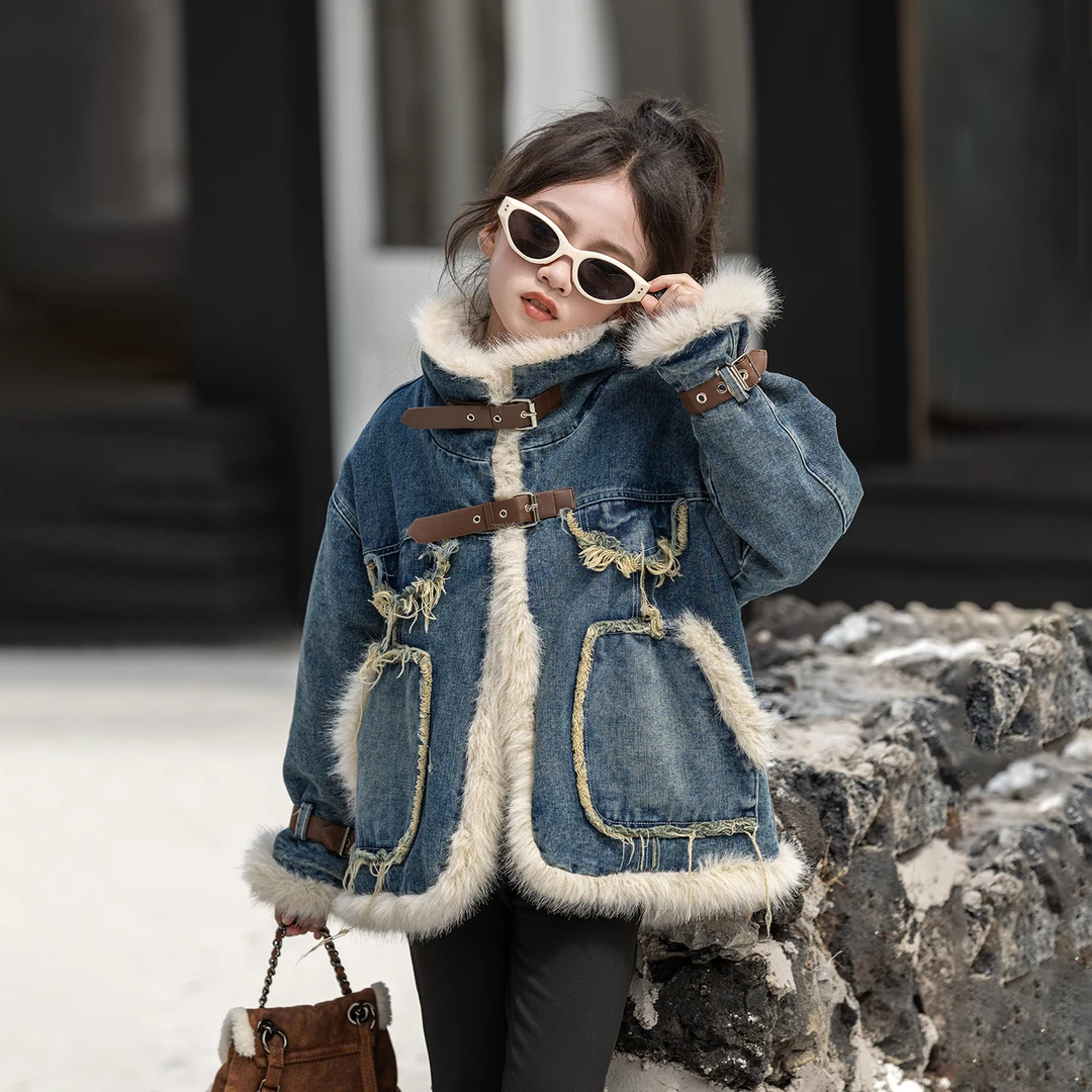 66公主童装女童外套冬款加绒洋气牛仔衣 25S379