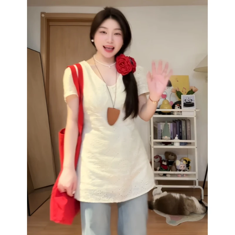 大码胖mm法式甜美v领镂空蕾丝上衣女夏季新款百搭修身显瘦短袖T恤