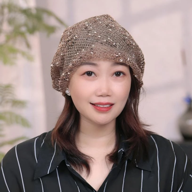 夏季新款薄款堆堆帽女时尚洋气镂空网眼透气大头围包头遮白发帽子