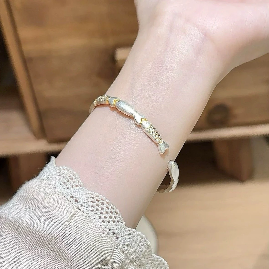 足银手镯 纯银描金实心开口小鱼新中式国风复古气质百搭约22克