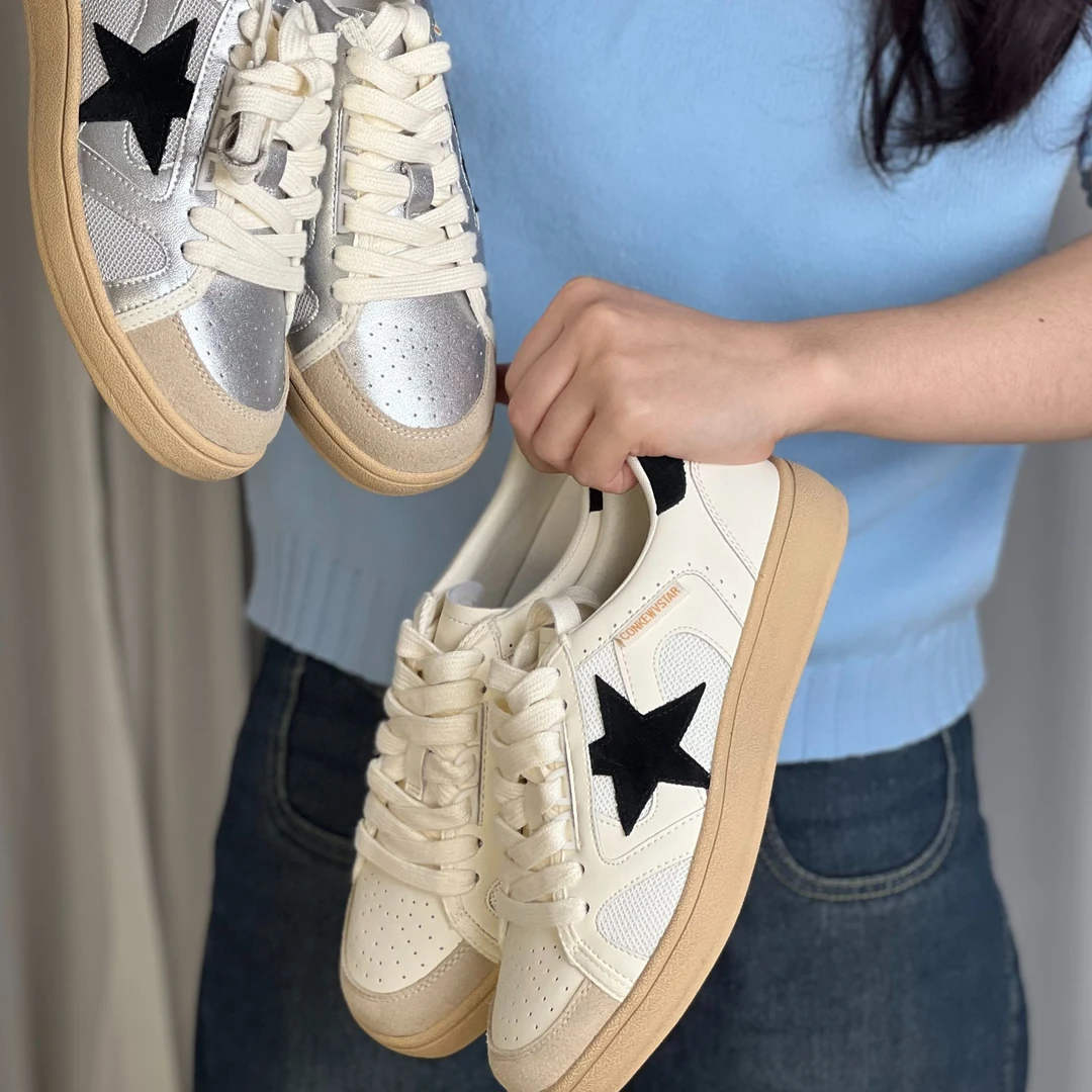 春秋新品真皮星星小白鞋复古灰银韩版阿甘德训板鞋女鞋时尚百搭