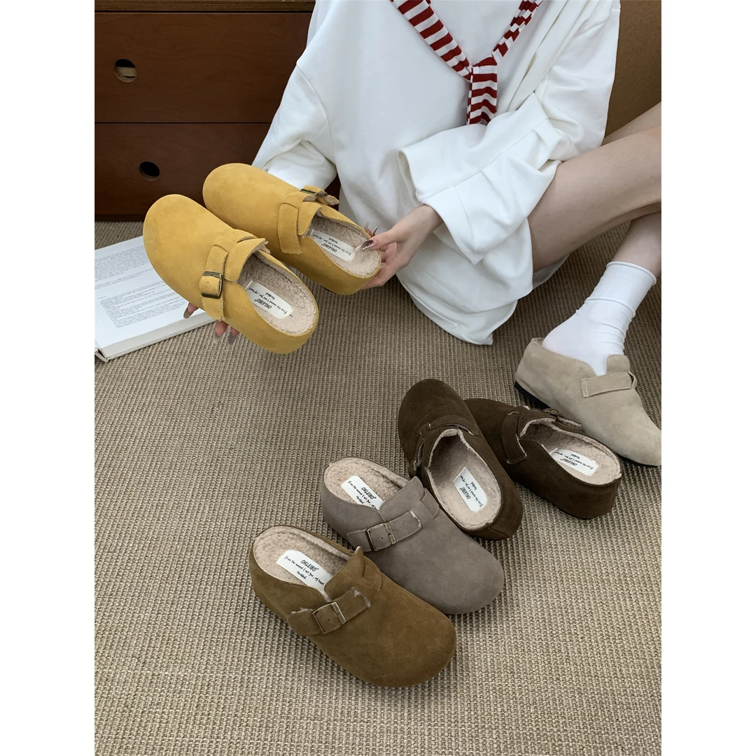 真皮版！小个子厚底增高7CM内增高加绒勃肯鞋子女丑萌一脚蹬半拖