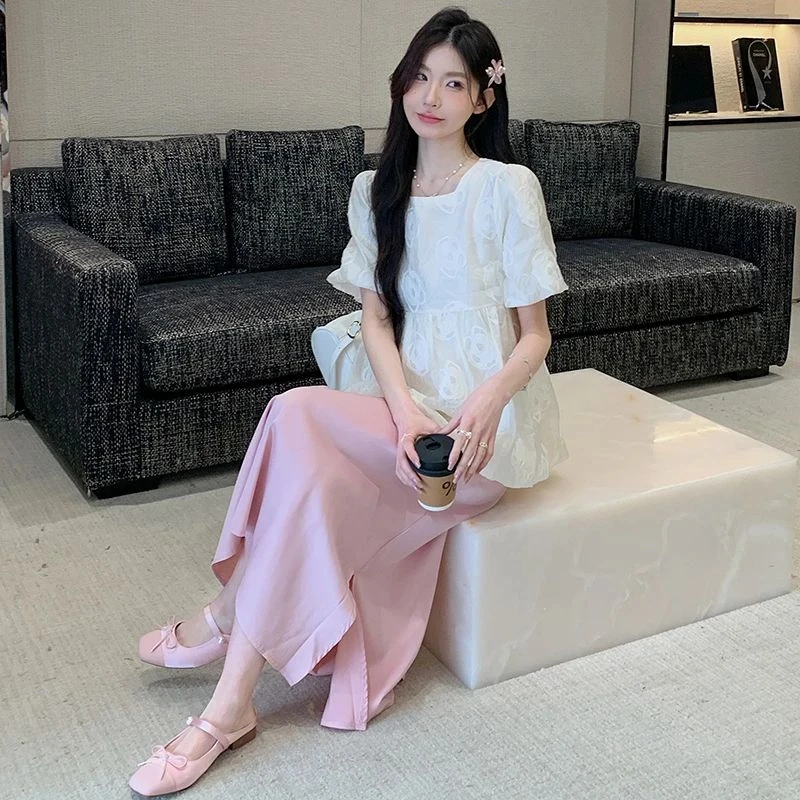 孕妇装夏装2025新款时尚款高级感宽松大码短袖上衣粉色托腹半身裙