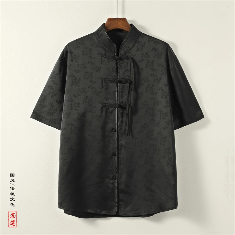 新中式立领唐装男士冰丝短袖衬衫中国风暗纹提花汉服宽松垂感上衣