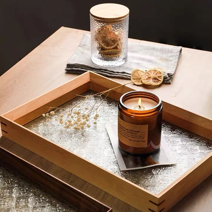 自然之风锤纹海棠花玻璃托盘北美黑胡桃木果盘木制茶盘点心盘