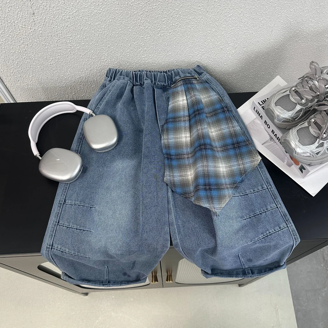 夏季男女童韩版潮流牛仔裤春季格子布裤子大童儿童宝宝男童