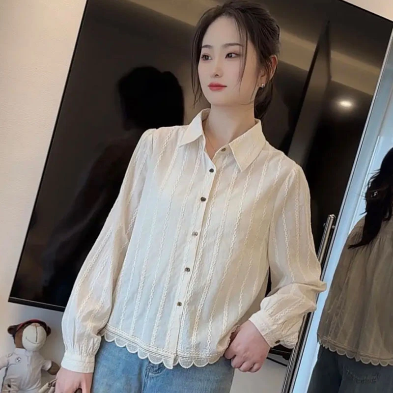 温柔仙气法式花边蕾丝竖纹长袖衬衫2025春夏款洋气宽松小个子上衣