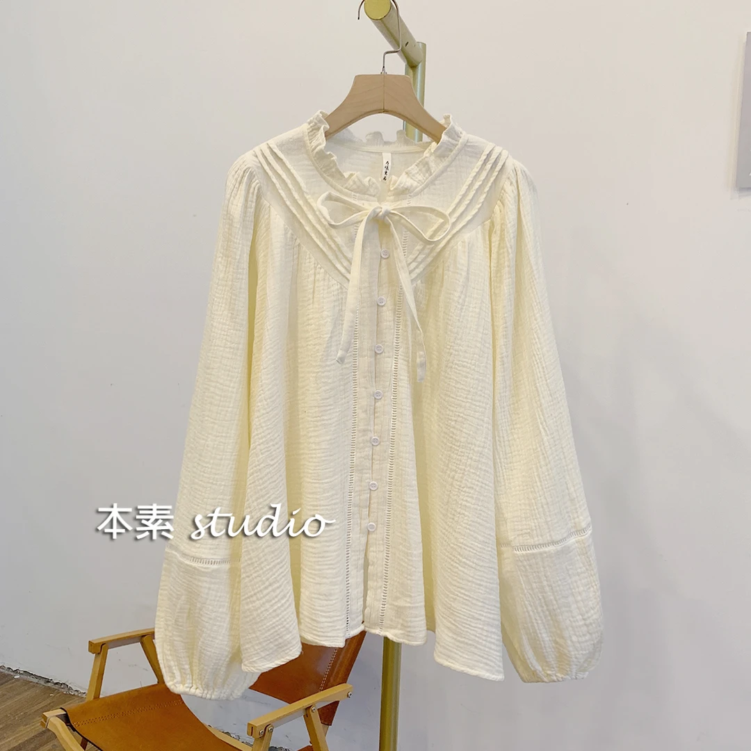 济州岛C3759风琴褶拼接全开扣系带木耳边立领衬衫