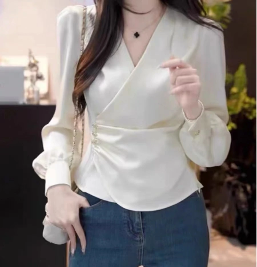 显瘦设计法式V领收腰气质长袖衬衫2025春季新款遮肉减龄OL小衫女