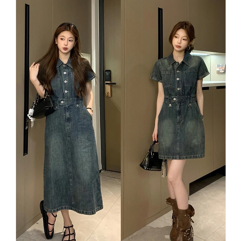 2025夏季大码女装新款时尚韩版港风显瘦裙子短袖牛仔长短款连衣裙