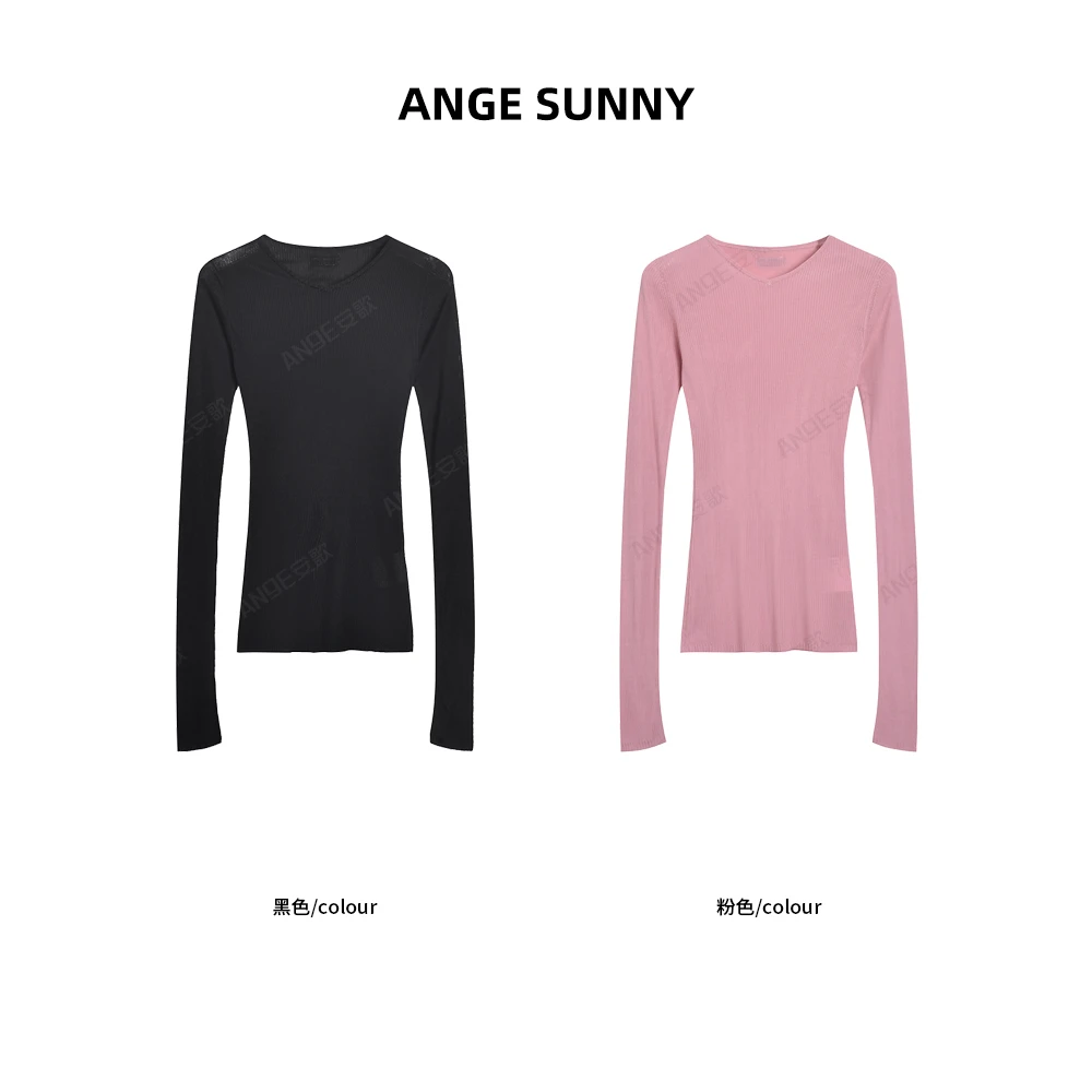 ANGE SUNNY【m*u桑蚕丝长袖针织衫】张元英同款 修身V领时尚套头衫