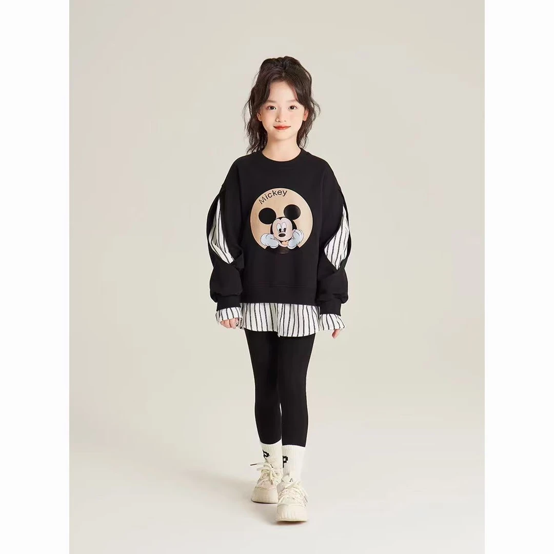 女童套装春秋装2025新款卡通米奇卫衣拼接条纹衬衫运动套装女童