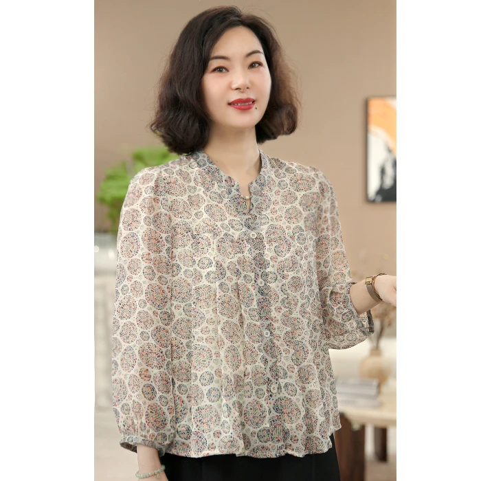 【涧蓝正品】夏季新款中老年女装印花九分袖衬衫女防晒衣大码上衣