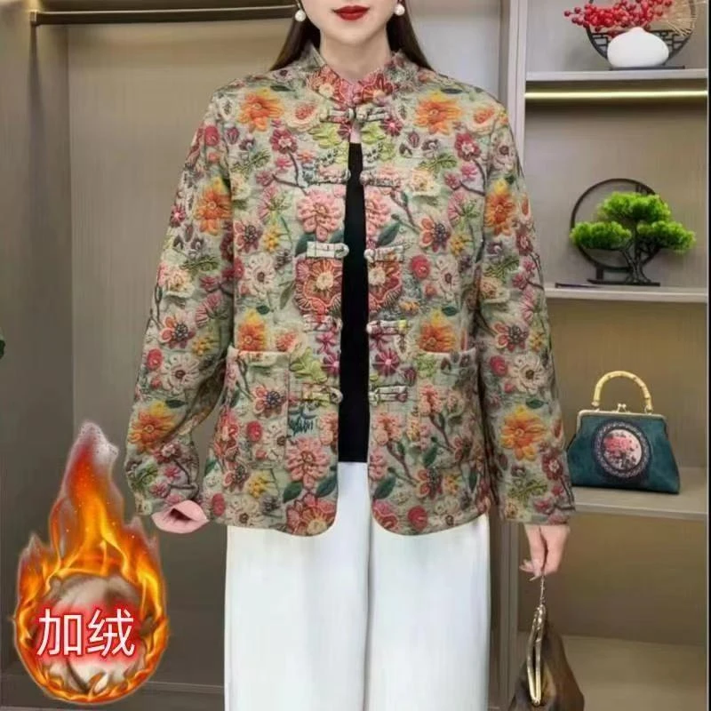 8143外套网红时尚百搭复古印花盘扣妈妈装休闲上衣新仓库17-2-1