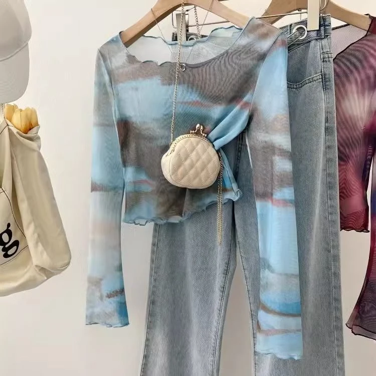 夏季新款复古印花扎染长袖辣妹短款修身网纱防晒衣罩小衫上衣女