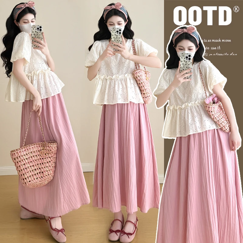 【梵兮家】孕妇装夏季时尚宽松镂空短袖上衣+半身裙甜美减龄两件套