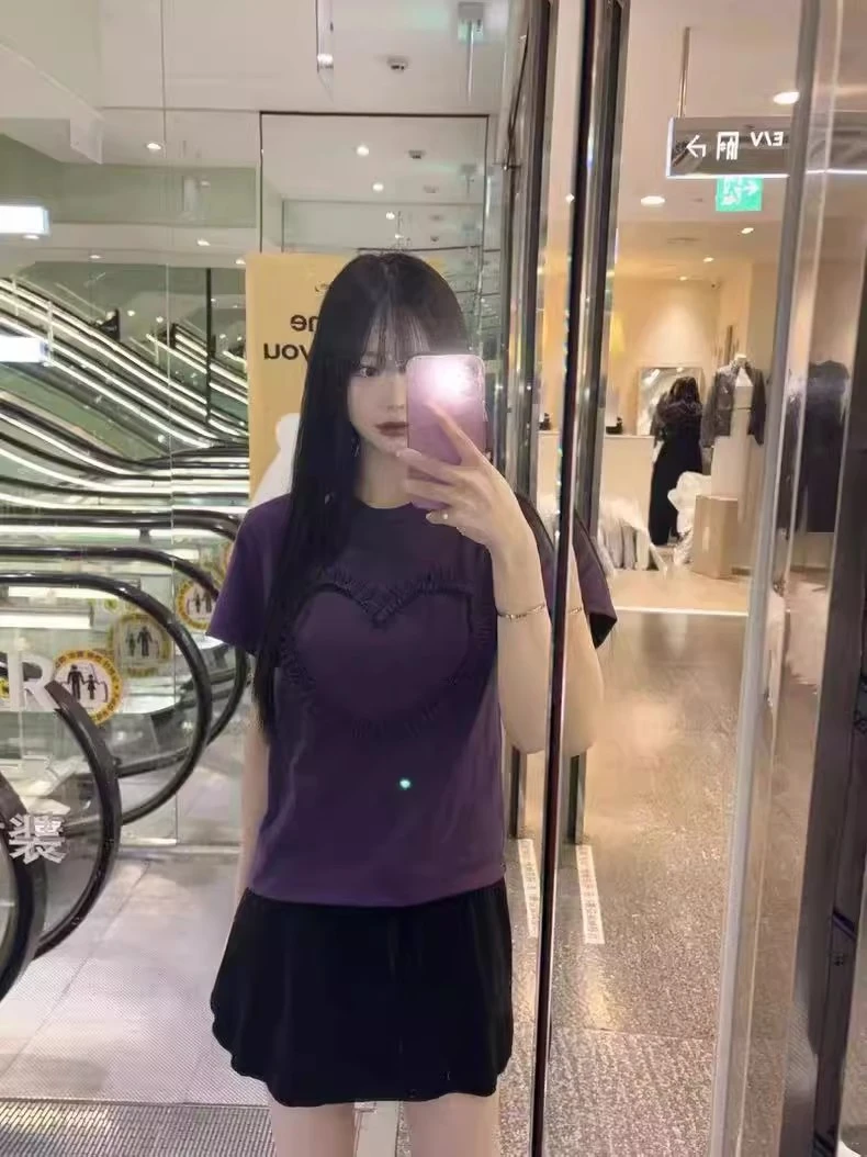 韩国东大门2025夏新款小众设计感褶皱立体爱心短袖T恤夏季