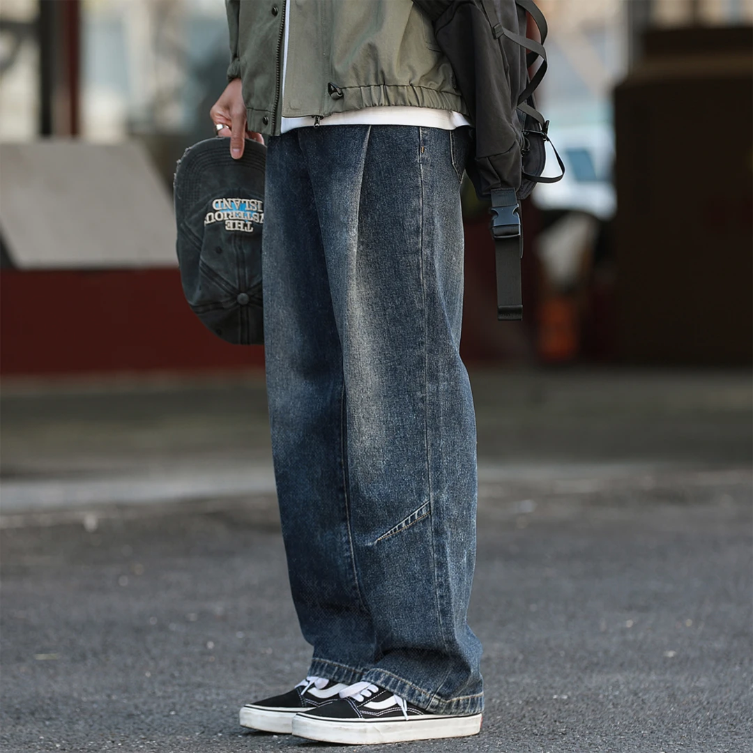 330g美式复古s春秋款做旧水洗竹节牛仔裤男女宽松直筒休闲裤潮流