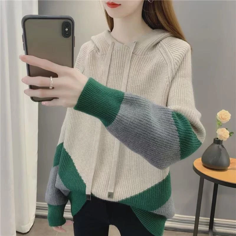 连帽拼色针织卫衣女2024春秋装网红爆款洋气长袖毛衣针织衫外穿潮
