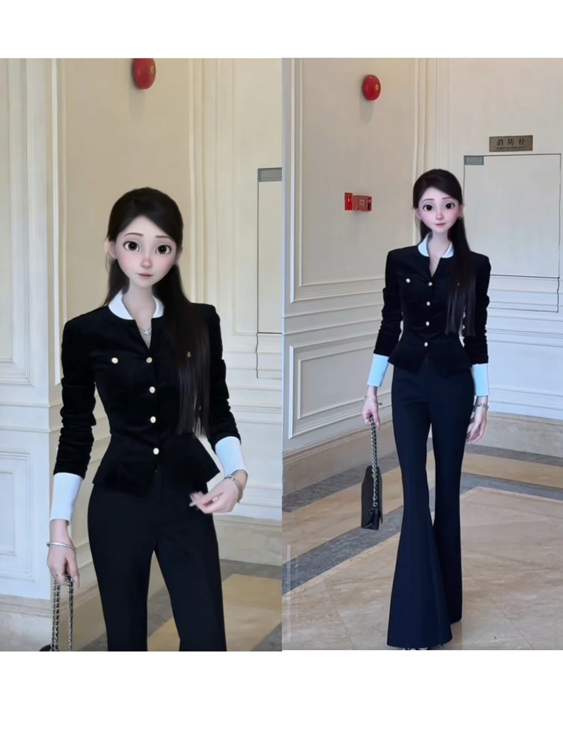 秋冬小香风撞色V领针织开衫女复古气质显瘦上衣+喇叭长裤