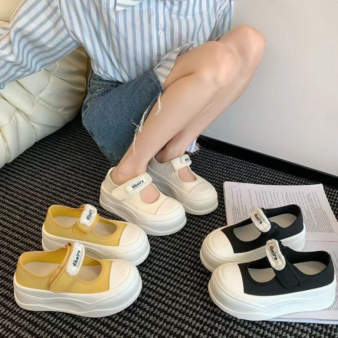 新疆佳佳鞋品  2025夏季新款厚底6cm帆布玛丽珍鞋9017