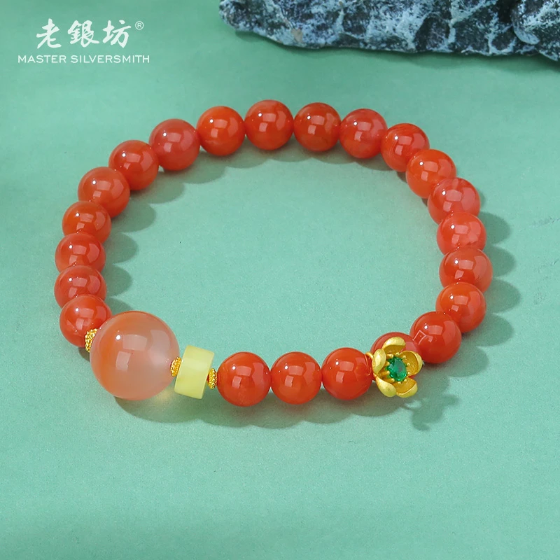 【老银坊】s925银小花蜜蜡小花南红手串 00351720