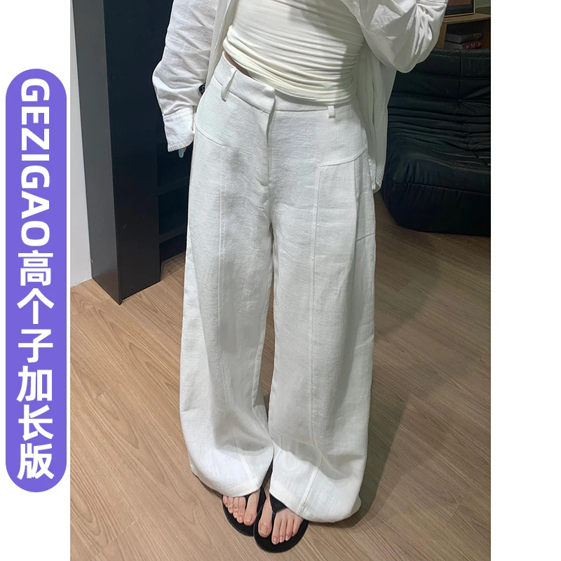 180高个子超长白色麻感阔腿休闲裤女夏季高腰宽松慵懒棉质加长裤
