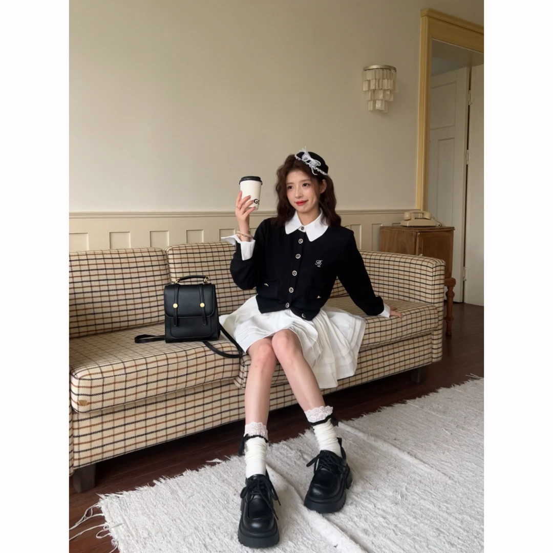 【奶糖】~假两件秋冬针织开衫女冬季撞色拼接毛衣外套学院风上衣