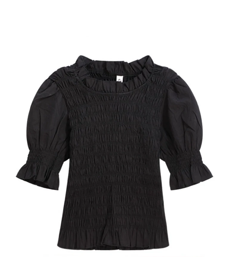 肉肉家*大码暗黑显瘦泡泡上衣荷叶边洋气黑色时尚设计感夏季