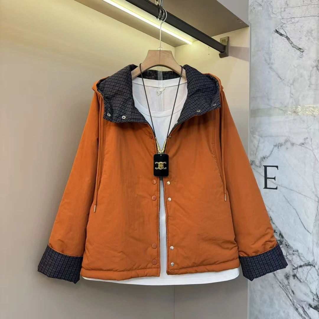 新款欧货时尚拼接格子连帽设计感2025胖mm保暖显瘦休闲外套2537