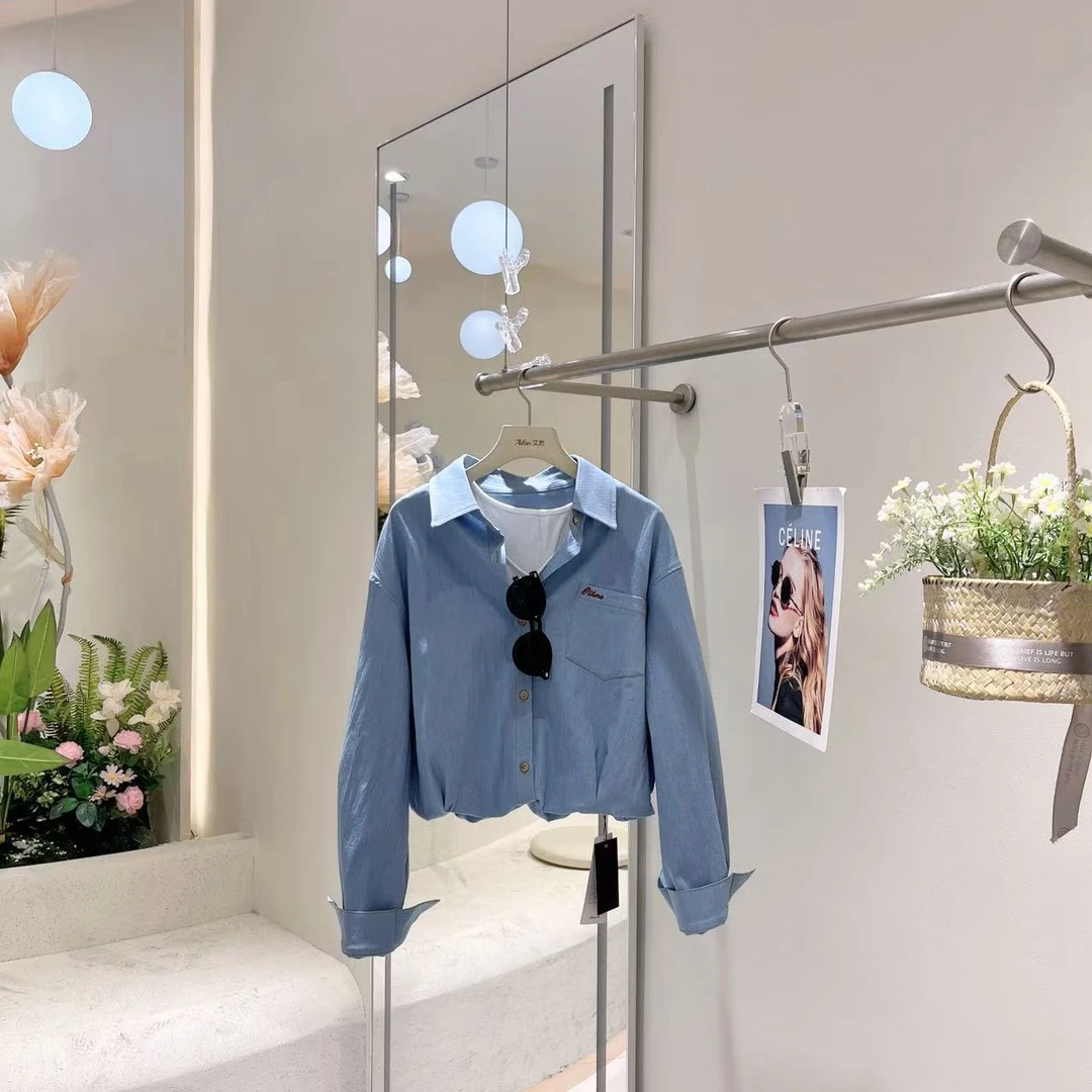 2025蓝色假两件字母刺绣衬衫5A0555