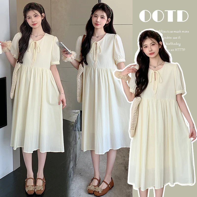 孕妇装夏装2025新款温柔减龄简约气质系带花朵边设计感孕妇连衣裙