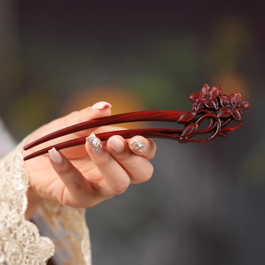 百合花原创新中式簪子紫檀木发簪花朵双钗发钗子头饰女挽发发饰