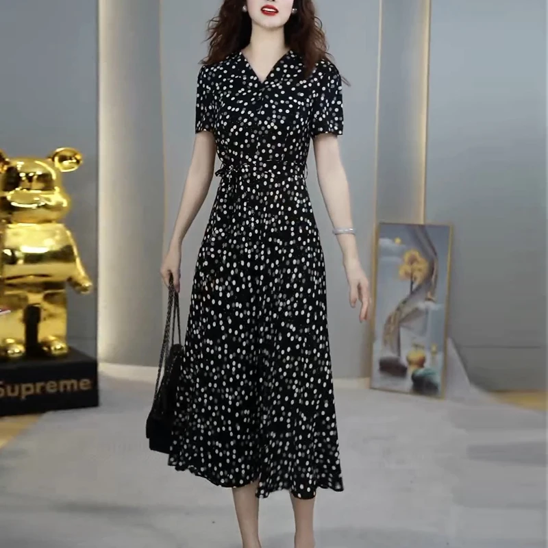 高端时尚波点修身气质减龄连衣裙2025夏季新款显瘦遮肉中长款裙子