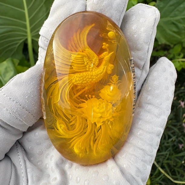 假一赔十，天然琥珀蜜蜡，精美金珀阴雕凤凰吊坠，号36 多样性发