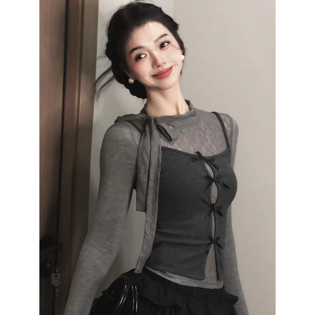 韩系纯欲风蝴蝶结系带长袖t恤女秋季内搭修身短款吊带上衣两件套