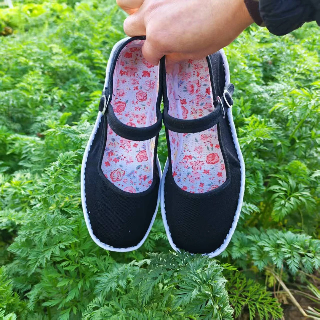 女士一带布鞋春秋单鞋黑色迪卡布料透气布鞋耐磨平底圆头不臭脚